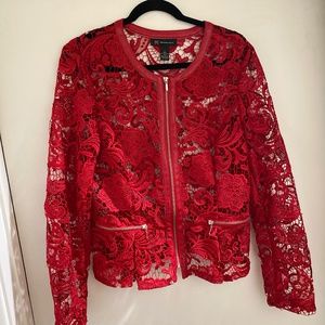 Chic Red Lace Jacket with Leather Trim